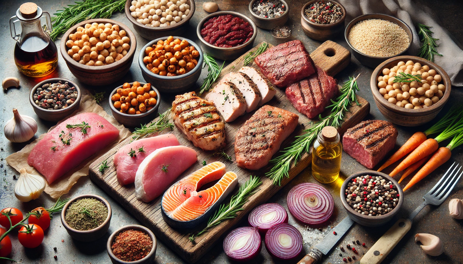 A highly realistic image of lean protein items arranged in a kitchen setting similar to the provided example. On a rustic wooden cutting board, place