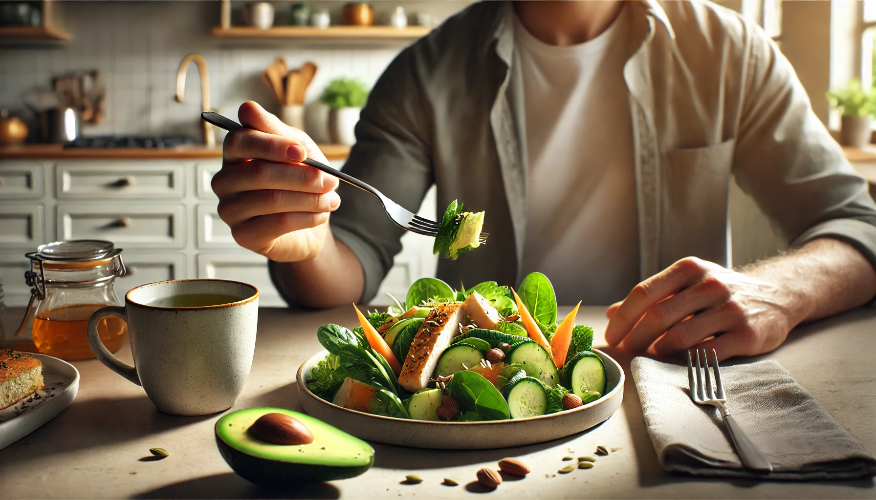 A realistic image inspired by the provided reference, focusing on a person eating a healthy meal in a modern kitchen setting.