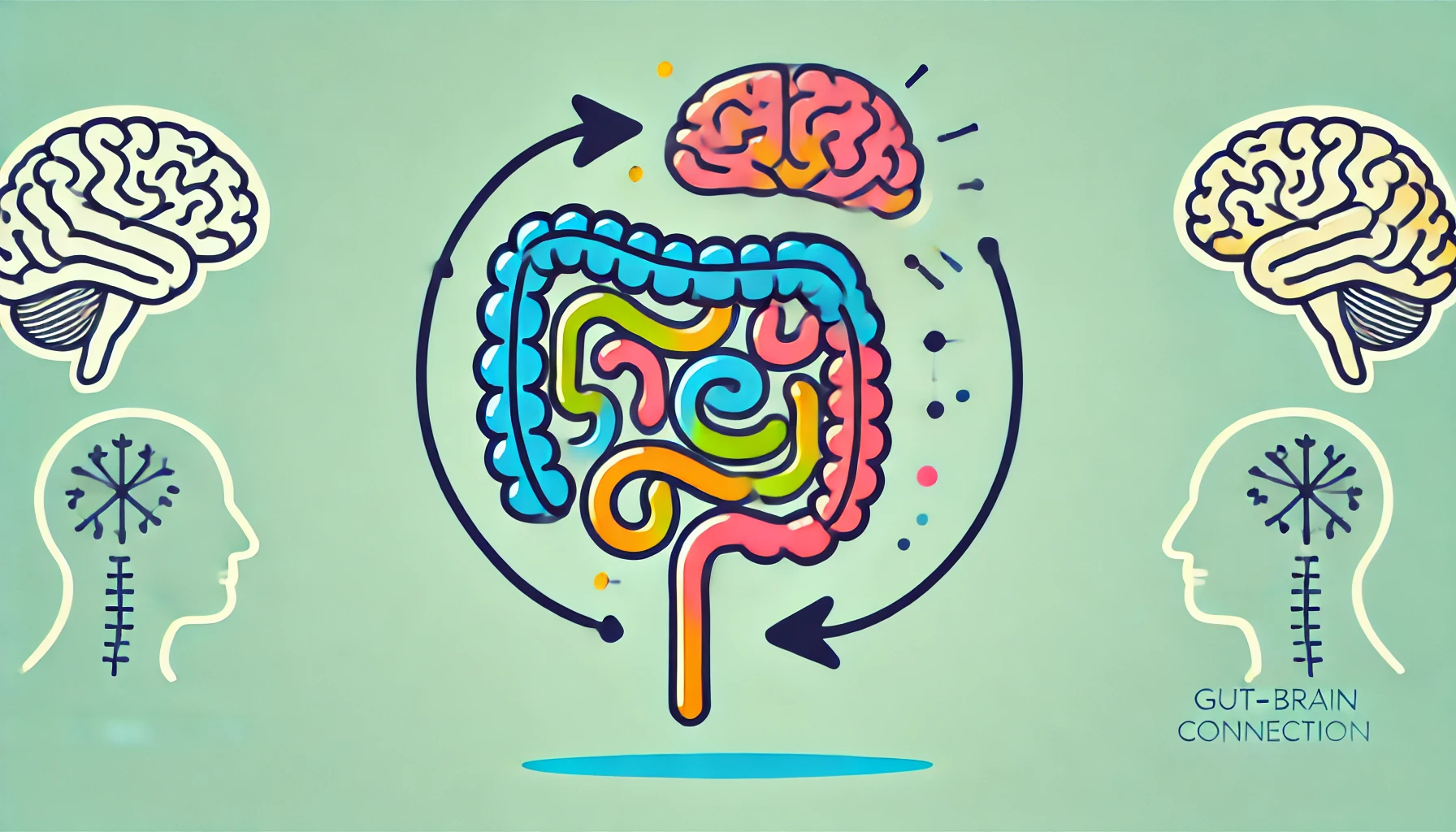 Illustration of the gut-brain connection, showing a diagram of the brain connected to the intestines with arrows symbolizing communication between the two. The gut is depicted in bright colors, while the brain is in soft hues, representing balance and calm.