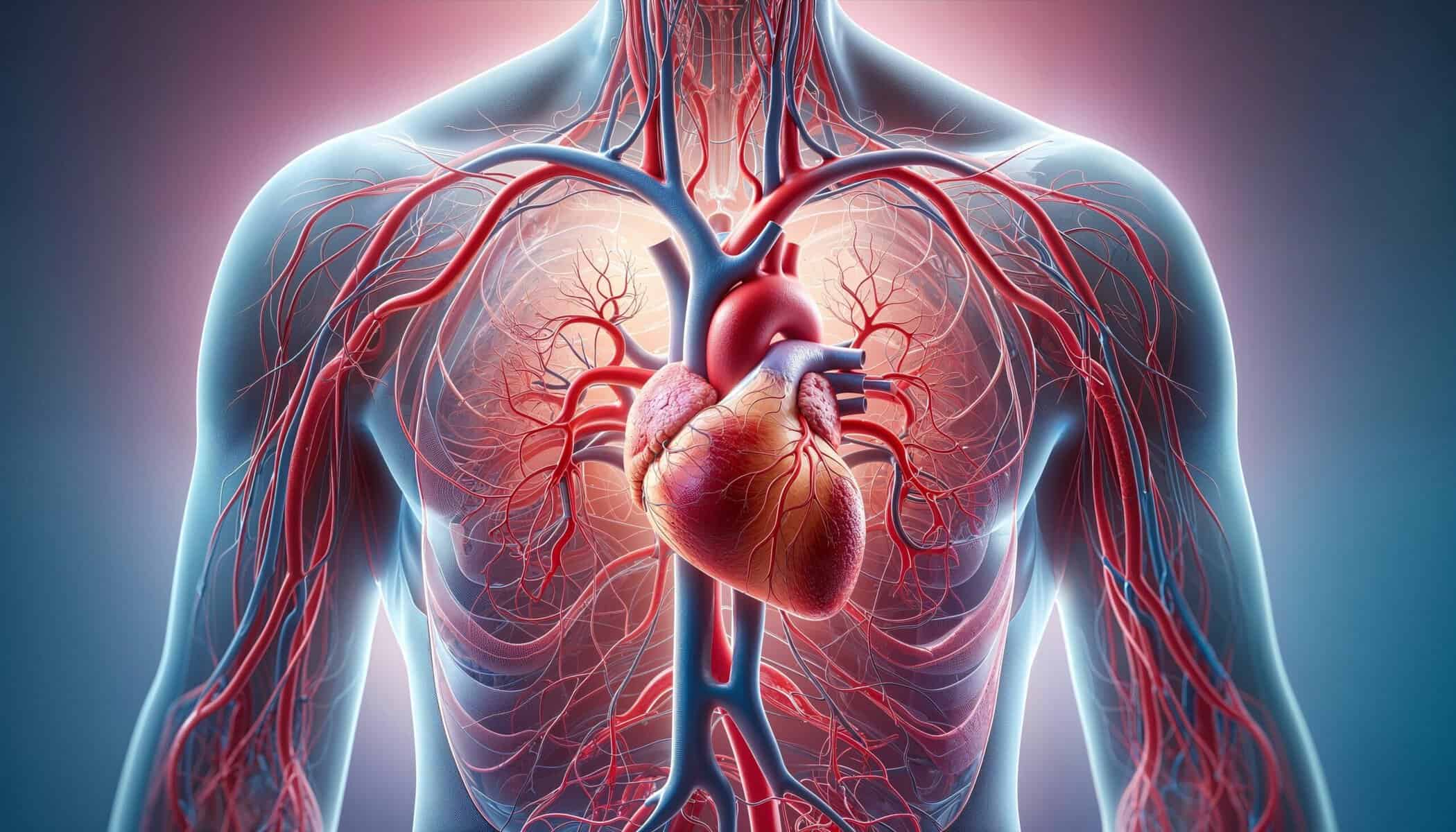 AI-generated illustration of the human cardiovascular system, showing the heart with arteries